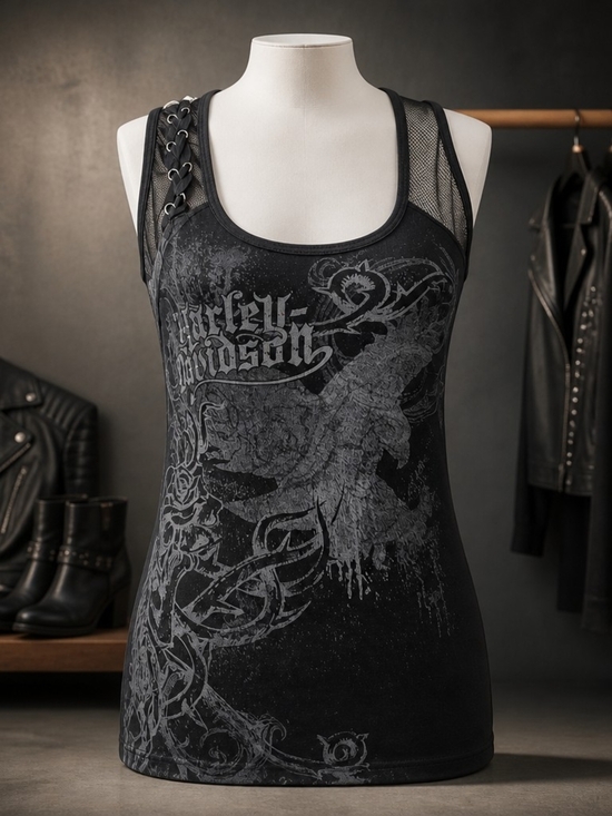 Harley-Davidson Tops - Harley-Davidson Black Graphic Right side Lace-Up Mesh-Panel Tank womens M